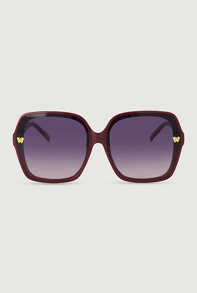 Womens Metallic Butterfly Detail Ombre Lens Sunglasses, Burgundy