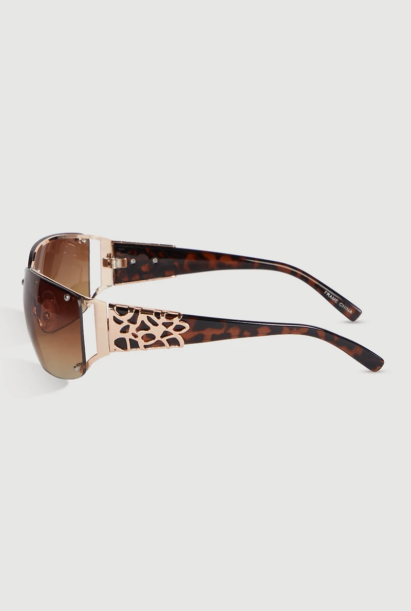 Womens Leopard Print Metallic Detail Ombre Lens Sunglasses, Brown