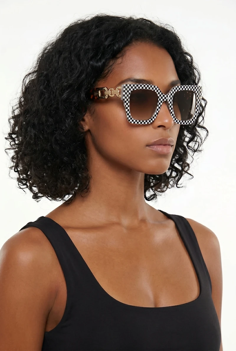 Ombre Lens Checkered Frame Sunglasses