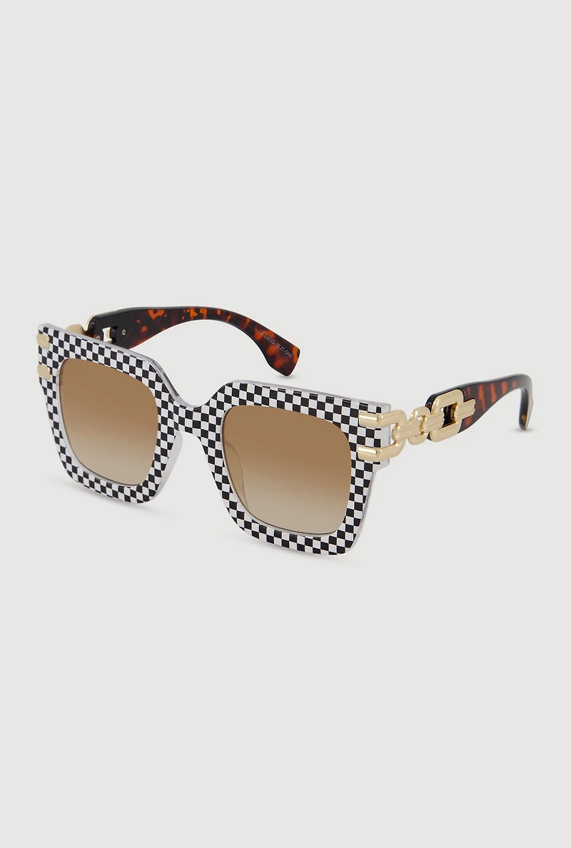 Ombre Lens Checkered Frame Sunglasses