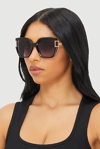 Womens Metallic Detail Oversized Sunglasses with Gradient Lenses, Black