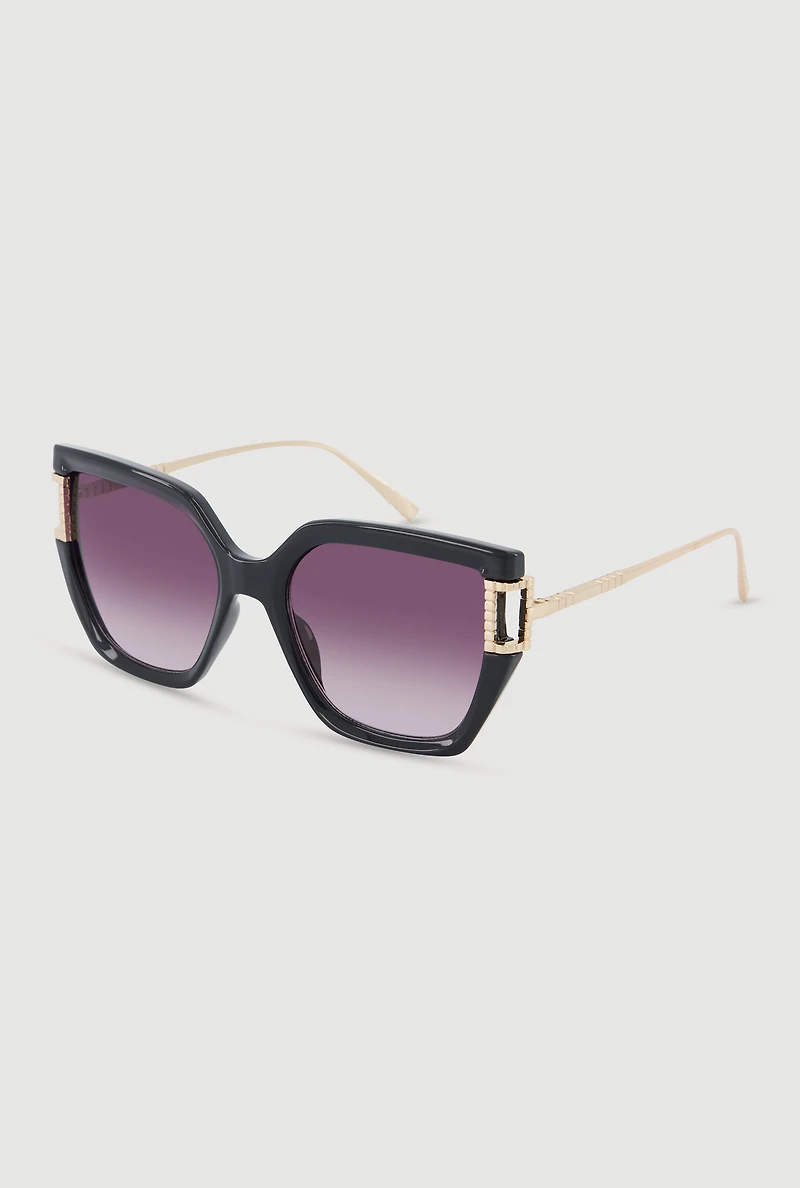 Womens Metallic Detail Oversized Sunglasses with Gradient Lenses, Black