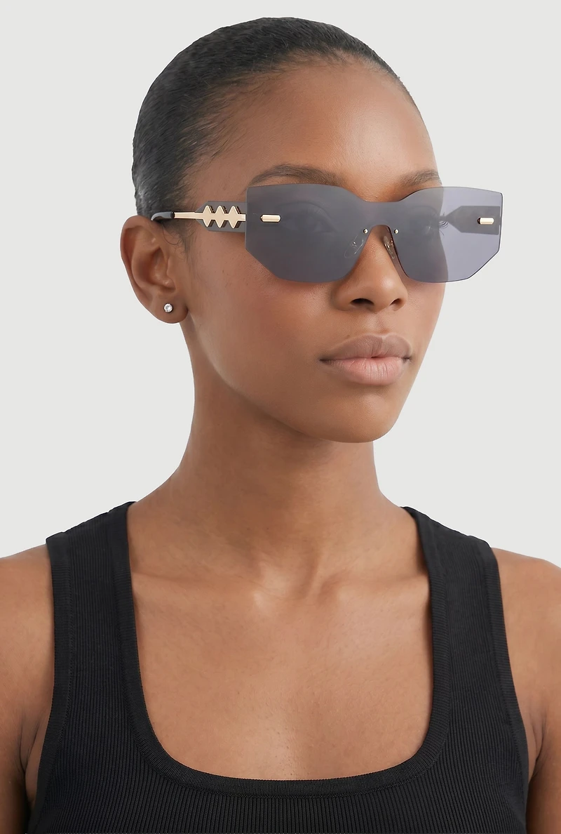 Rimless Shield Sunglasses with Metallic Clover Detail