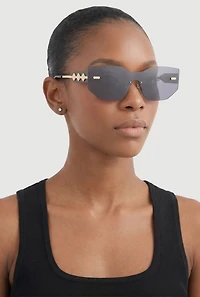 Rimless Shield Sunglasses with Metallic Clover Detail