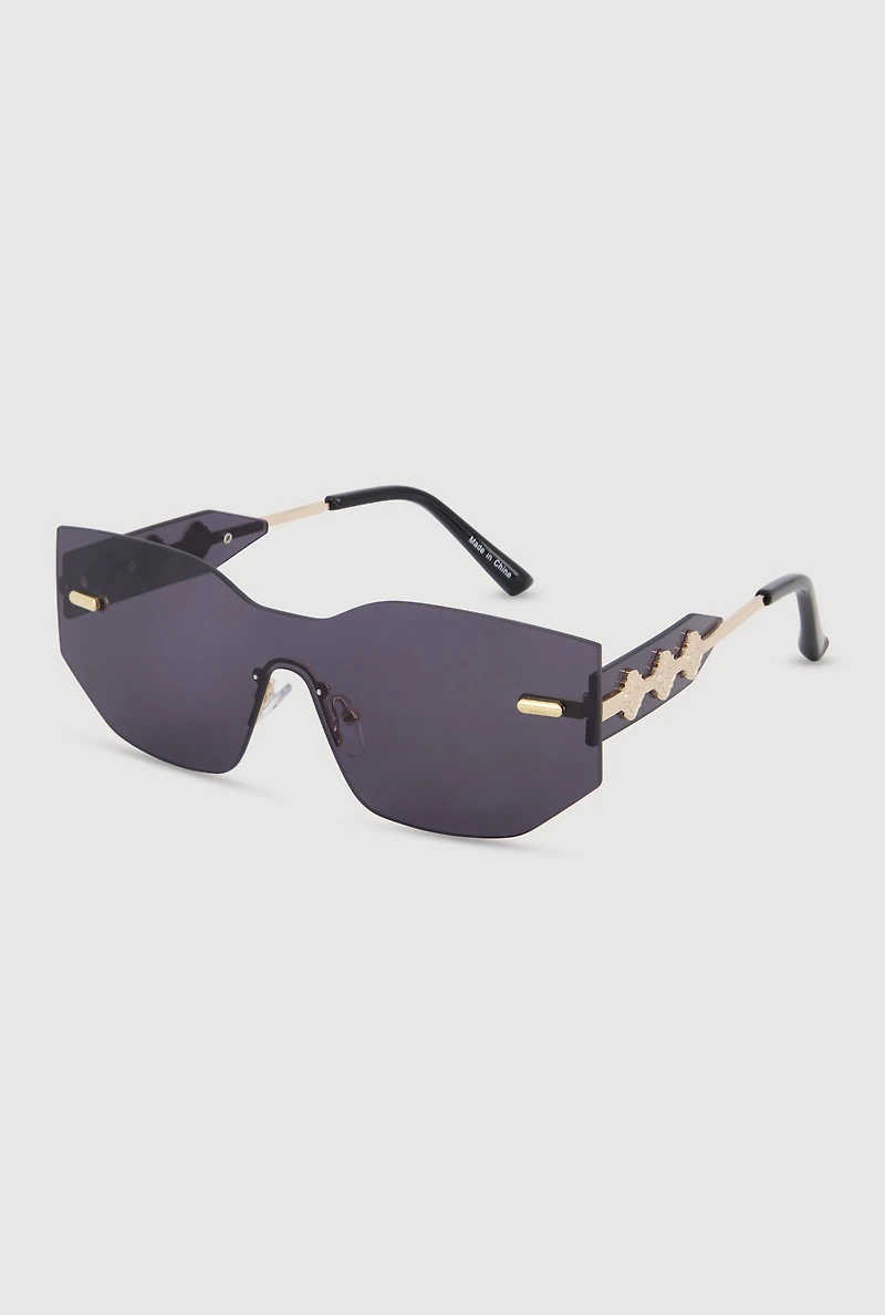 Rimless Shield Sunglasses with Metallic Clover Detail