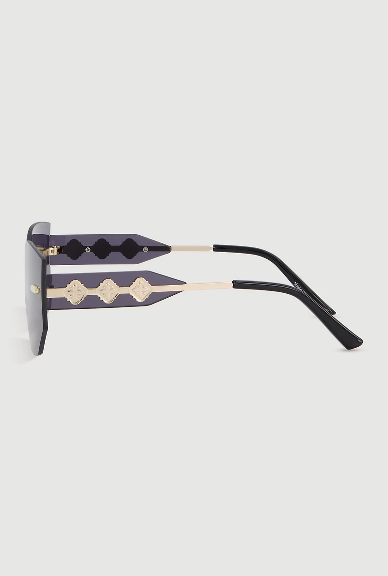 Rimless Shield Sunglasses with Metallic Clover Detail