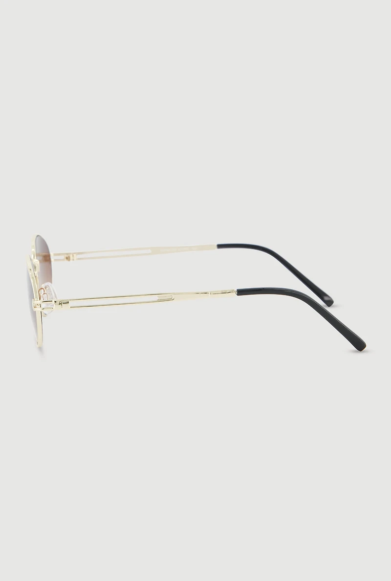 Womens Cut Out Detail Metallic Oval Sunglasses, Brown