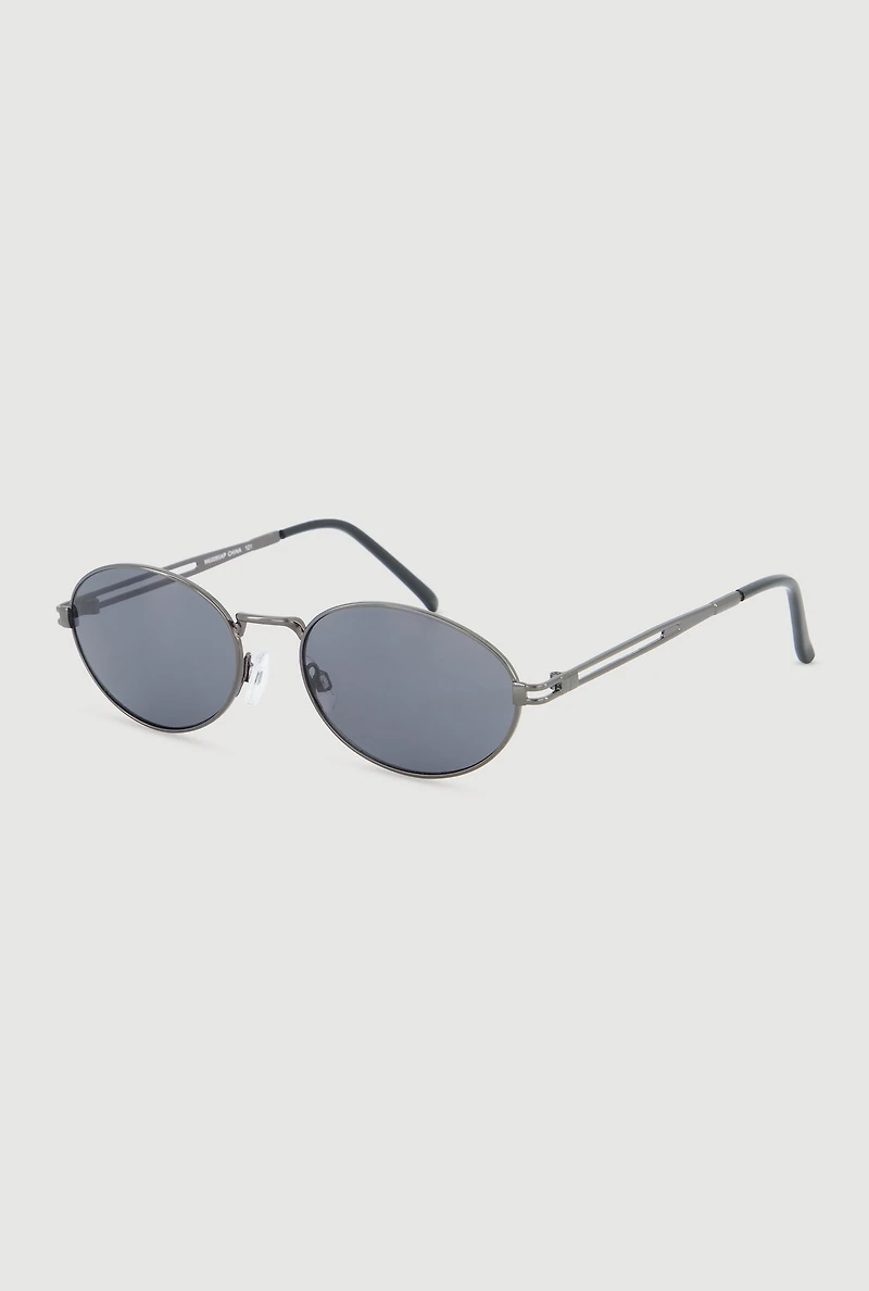 Womens Cut Out Detail Metallic Oval Sunglasses, Grey