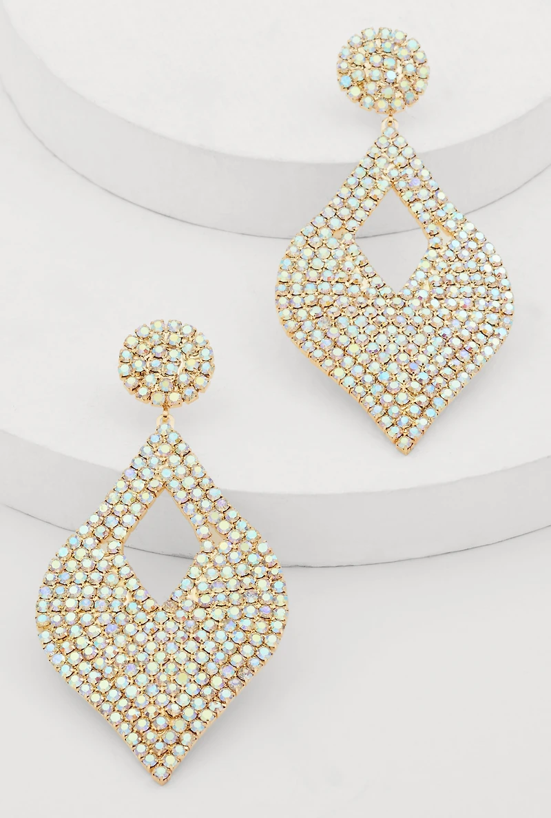 Womens Cut Out Rhinestone Teardrop Earrings, Gold