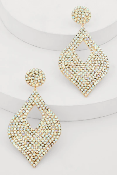 Womens Cut Out Rhinestone Teardrop Earrings, Gold