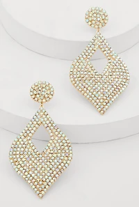 Womens Cut Out Rhinestone Teardrop Earrings, Gold