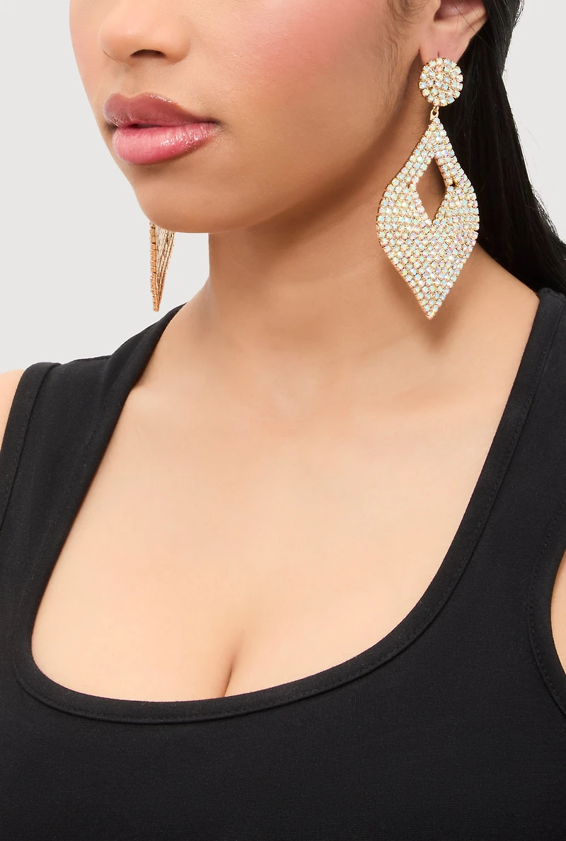 Womens Cut Out Rhinestone Teardrop Earrings, Gold