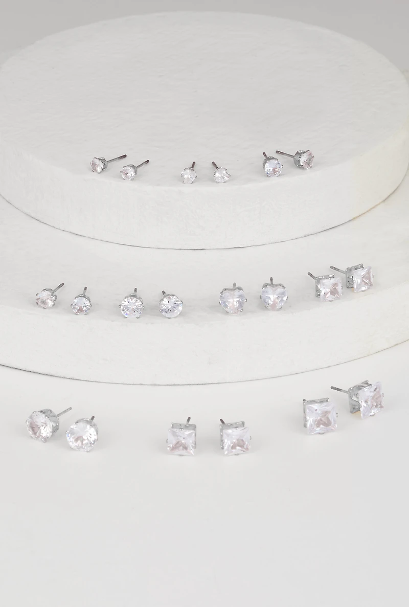 Womens Assorted Cubic Zirconia Stud Earrings Set of 10, Silver