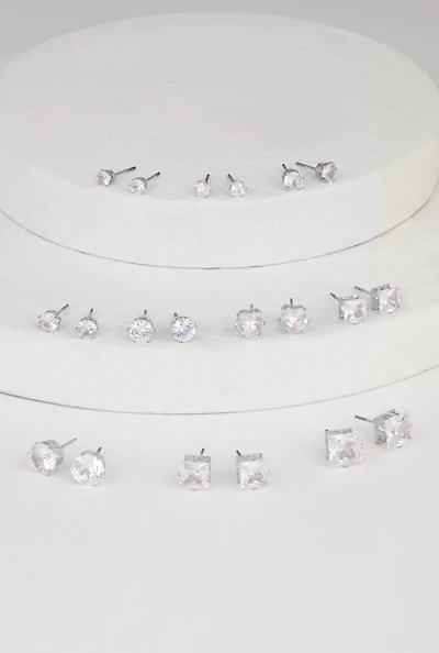 Womens Assorted Cubic Zirconia Stud Earrings Set of 10, Silver