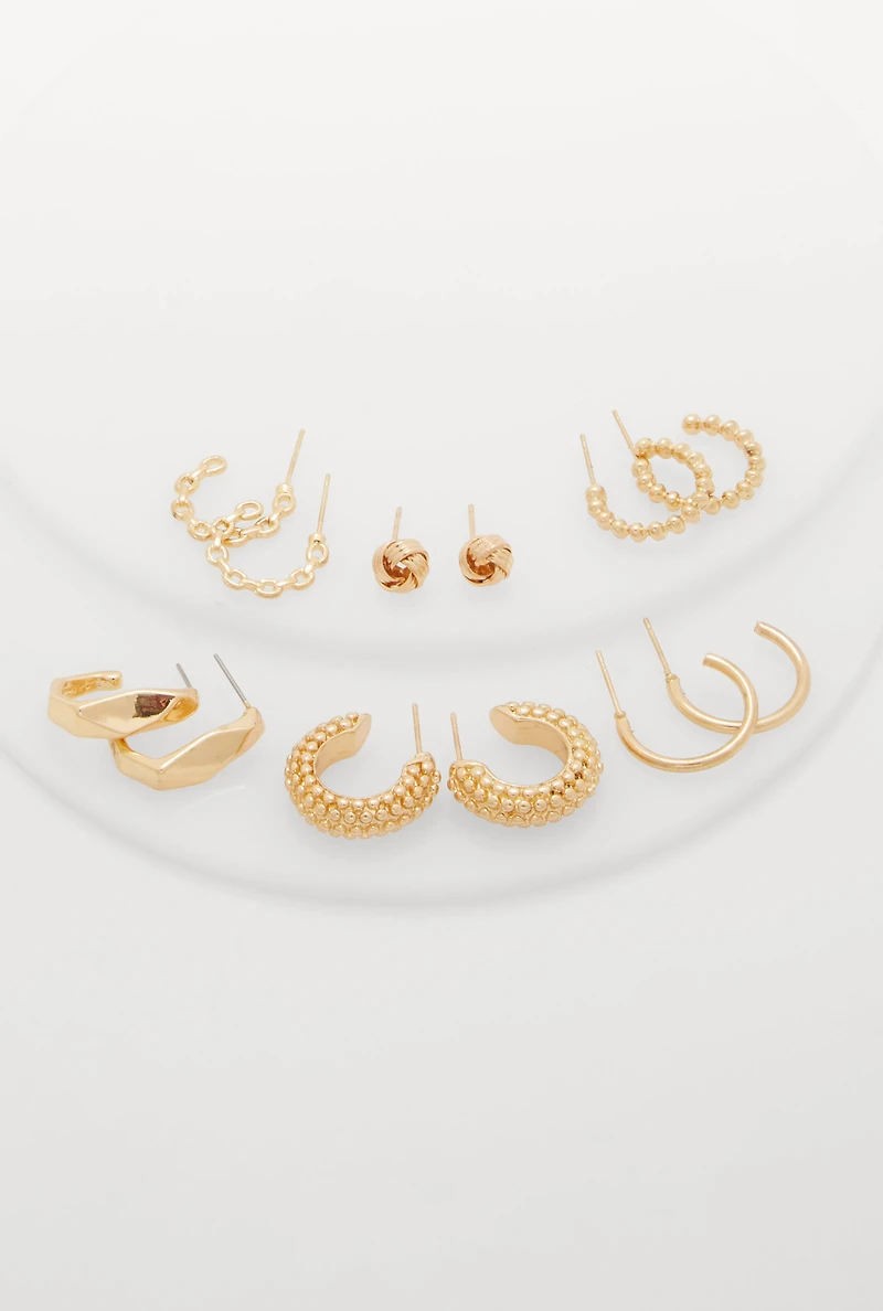 Metallic Textured Hoop and Stud Earrings Set of 6