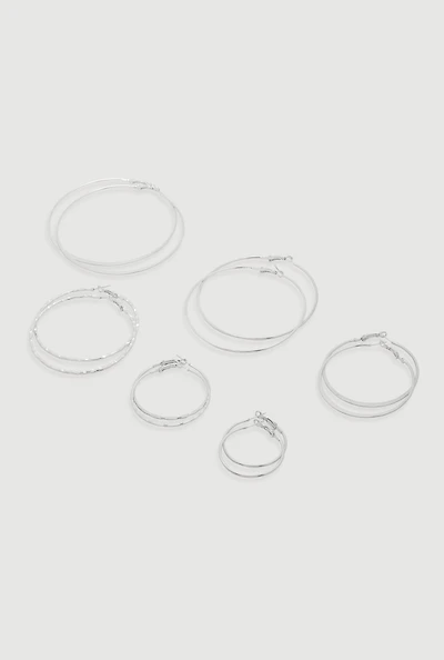 Womens Thin Metallic Textured Hoop Earrings Set of 6, Silver