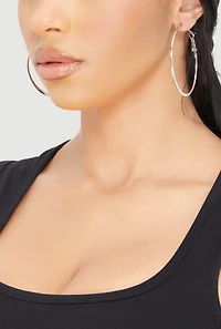 Womens Thin Metallic Textured Hoop Earrings Set of 6, Silver