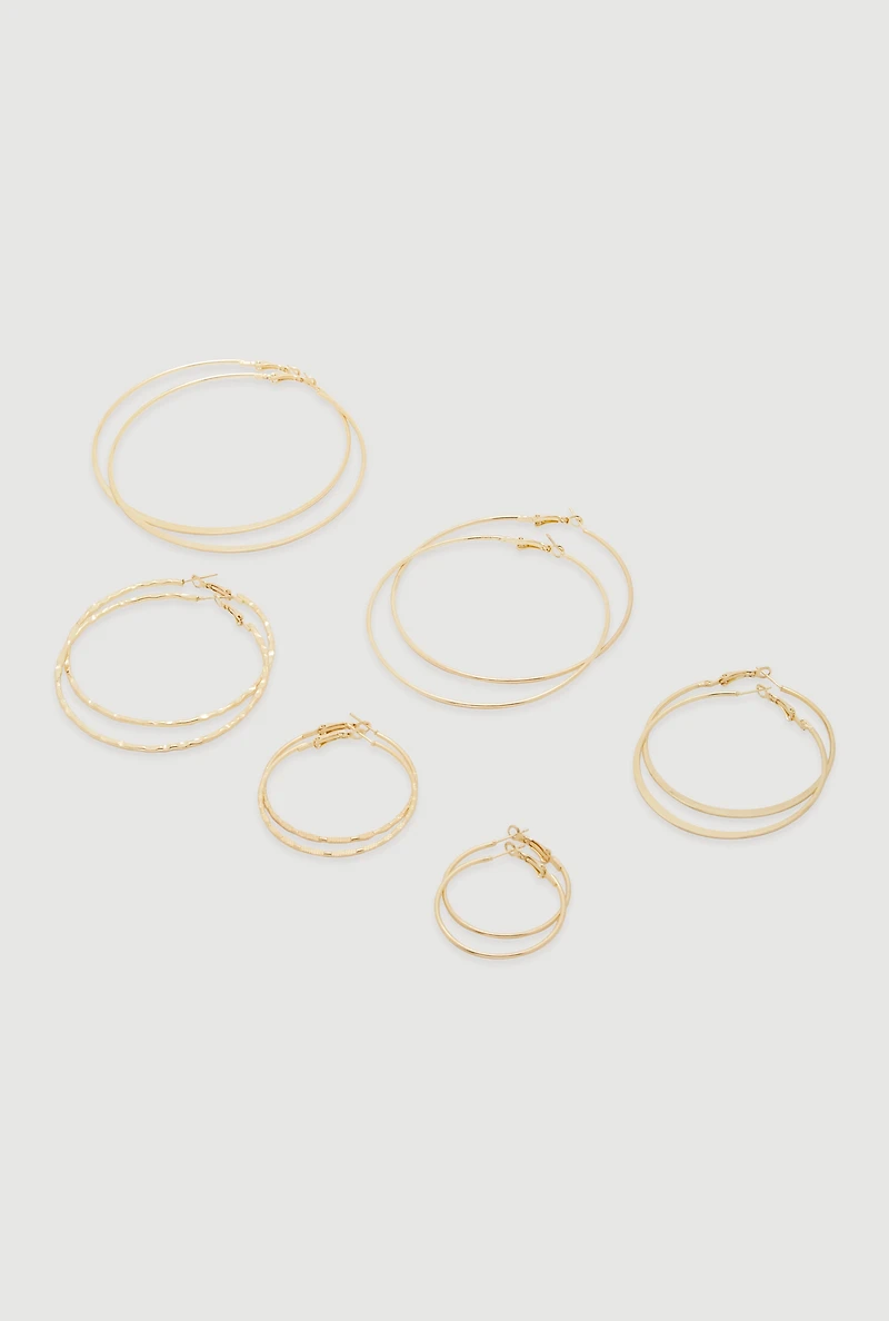 Womens Thin Metallic Textured Hoop Earrings Set of 6, Gold