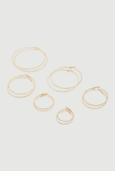 Womens Thin Metallic Textured Hoop Earrings Set of 6, Gold