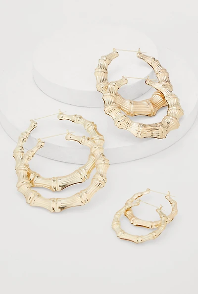 Womens Metallic Bamboo Hoop Earring Trio, Gold