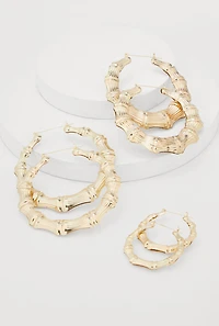 Womens Metallic Bamboo Hoop Earring Trio, Gold