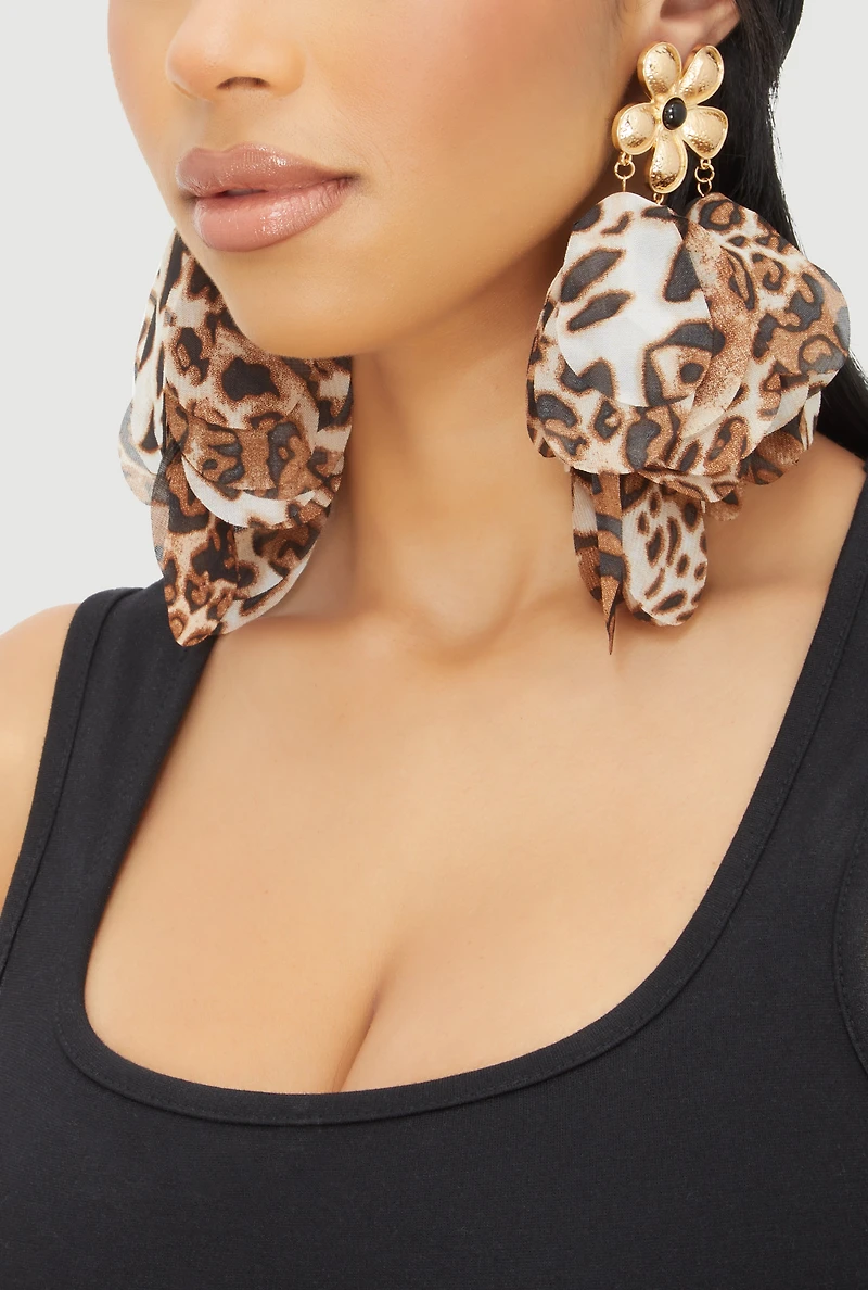 Womens Leopard Print Floral Drop Earrings, Multi