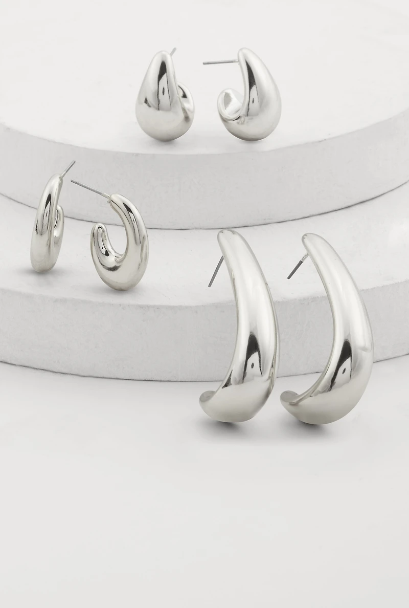 Womens Trendy Metallic Drop Hoop Earrings Set of 3, Silver
