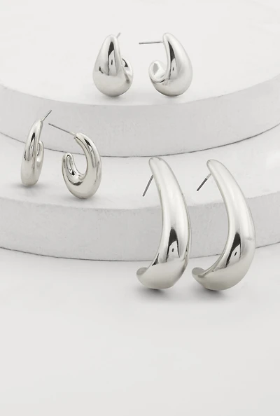 Womens Trendy Metallic Drop Hoop Earrings Set of 3, Silver