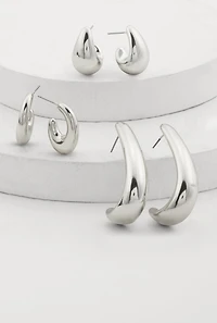 Womens Trendy Metallic Drop Hoop Earrings Set of 3, Silver
