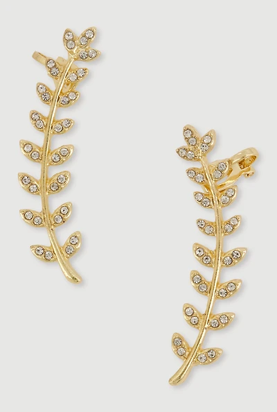 Rhinestone Leaf Clip On Crawler Earrings
