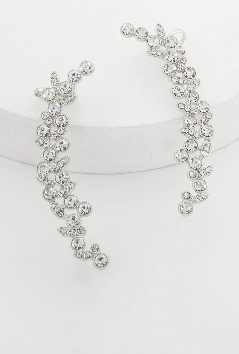 Womens Trendy Rhinestone Cuffed Climber Earrings, Silver