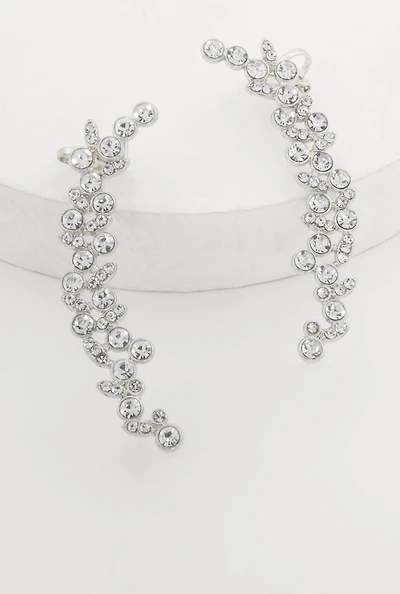 Womens Trendy Rhinestone Cuffed Climber Earrings, Silver