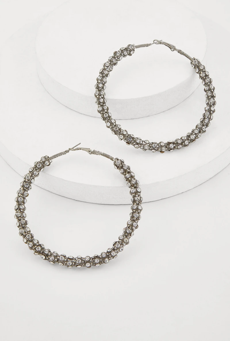 Womens Metallic Rhinestone Encrusted Hoop Earrings, Silver