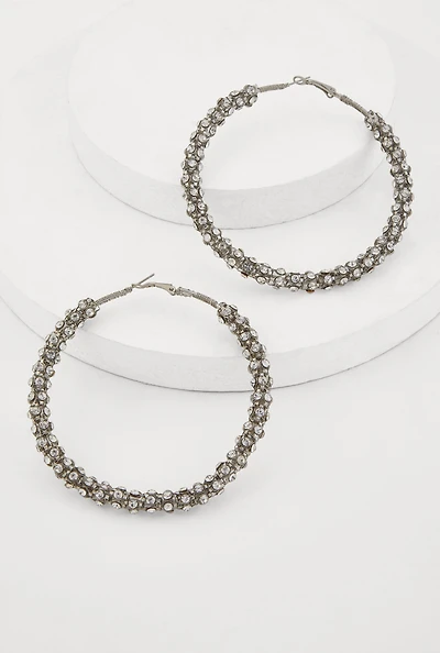 Womens Metallic Rhinestone Encrusted Hoop Earrings, Silver