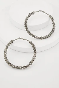 Womens Metallic Rhinestone Encrusted Hoop Earrings, Silver