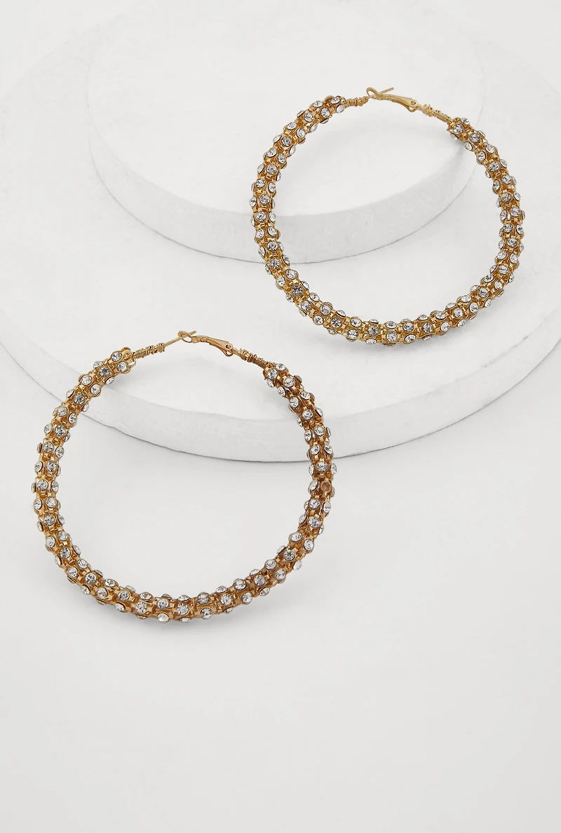 Womens Metallic Rhinestone Ecrusted Hoop Earrings,