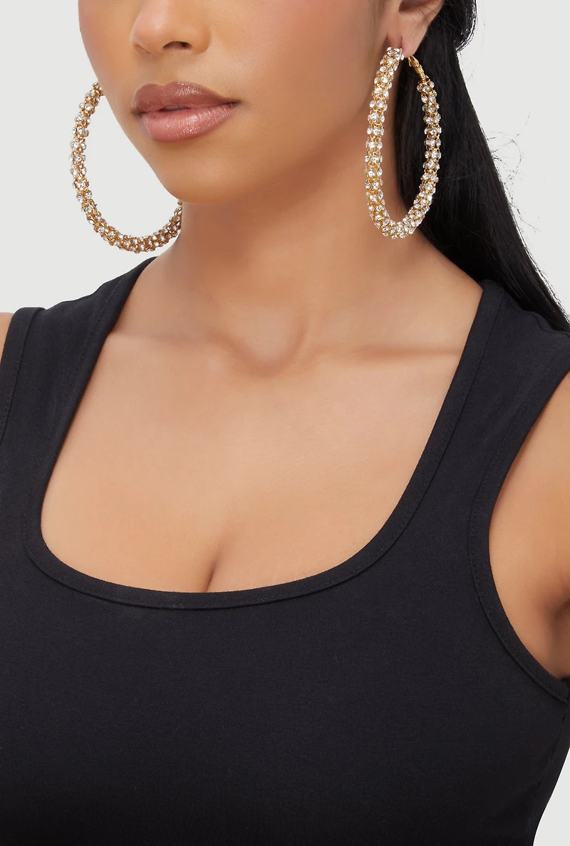 Womens Metallic Rhinestone Ecrusted Hoop Earrings,