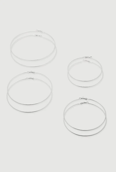 Womens Thin Metallic Hoop Earrings Set of 4, Silver
