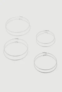 Womens Thin Metallic Hoop Earrings Set of 4, Silver