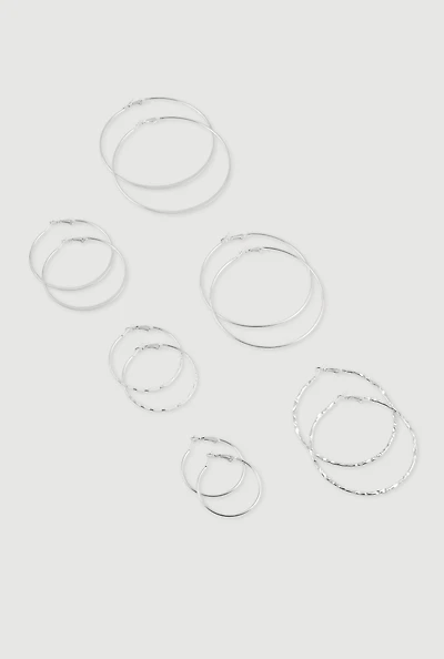 Womens Metallic Hoop Earrings Set of 6, Silver
