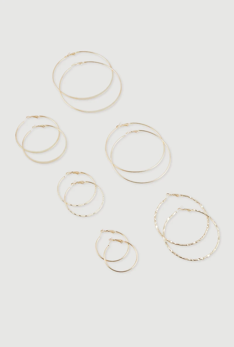 Womens Metallic Hoop Earrings Set of 6, Gold