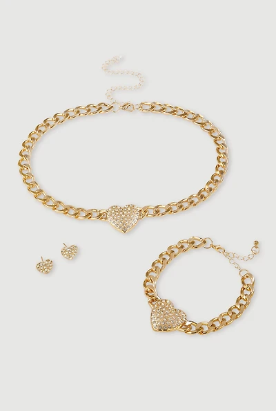 Womens Heart Necklace with Charm Bracelet and Stud Earrings Set of 3, Gold