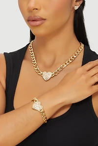 Womens Heart Necklace with Charm Bracelet and Stud Earrings Set of 3, Gold