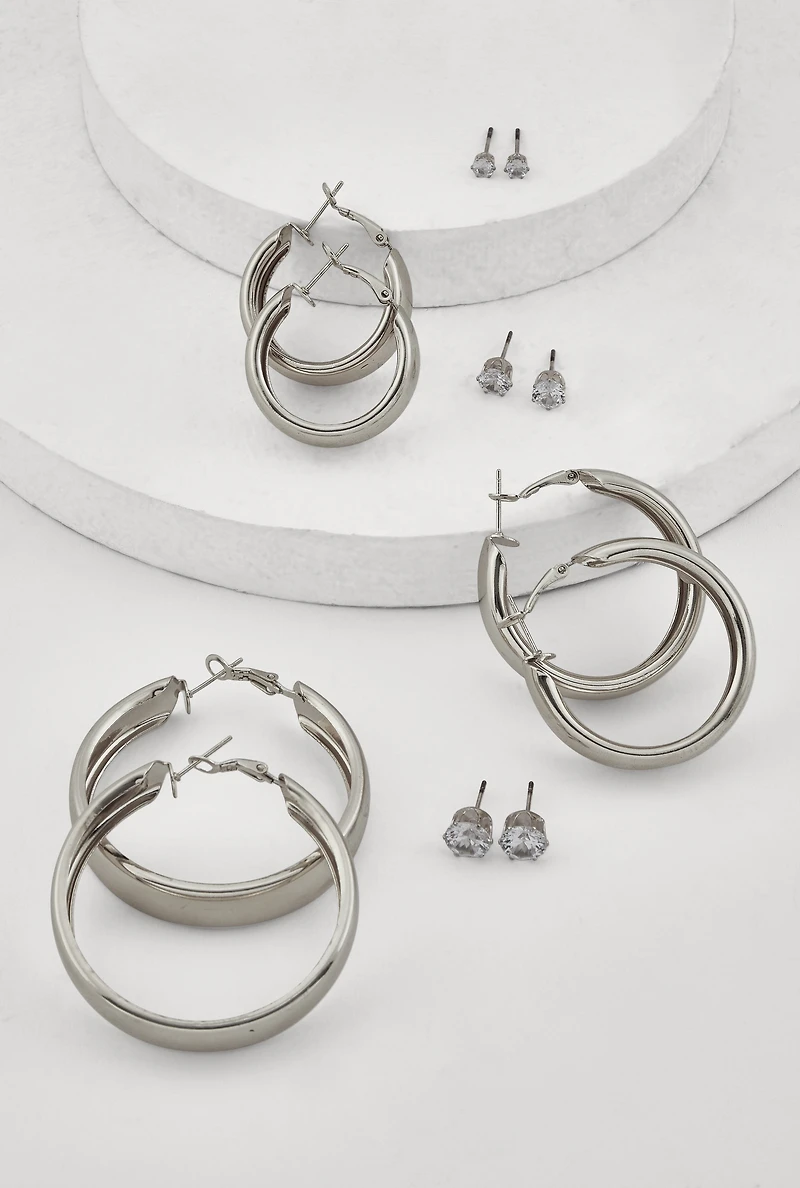 Womens Metallic Hoop and Cubic Zirconia Stud Earrings Set of 6, Silver