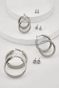 Womens Metallic Hoop and Cubic Zirconia Stud Earrings Set of 6, Silver