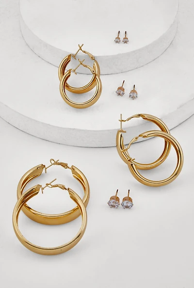 Womens Metallic Hoop and Cubic Zirconia Stud Earrings Set of 6, Gold