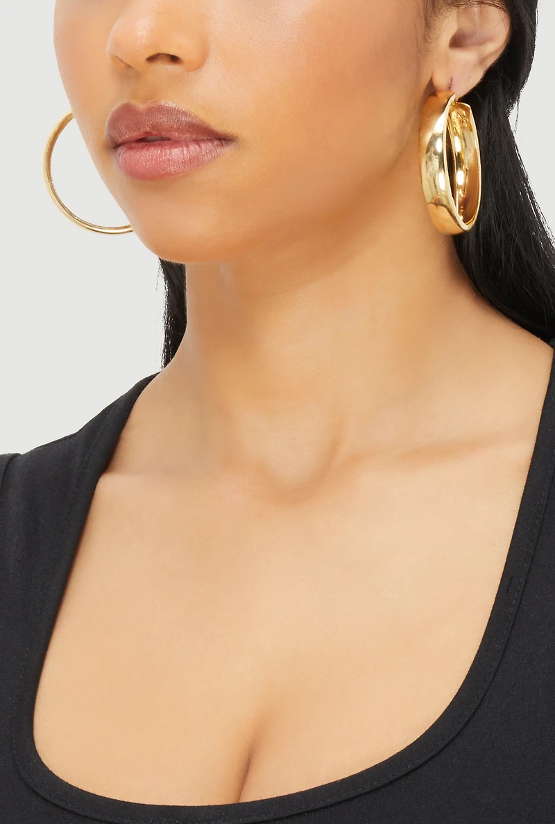 Womens Metallic Hoop and Cubic Zirconia Stud Earrings Set of 6, Gold