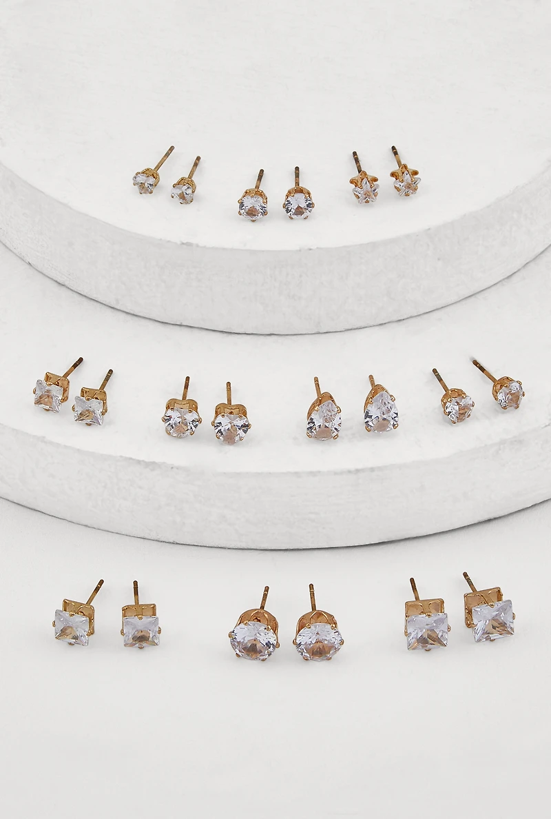Womens Metallic Cubic Zirconia Stud Earrings Set of 10, Gold