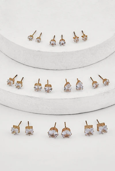 Womens Metallic Cubic Zirconia Stud Earrings Set of 10, Gold