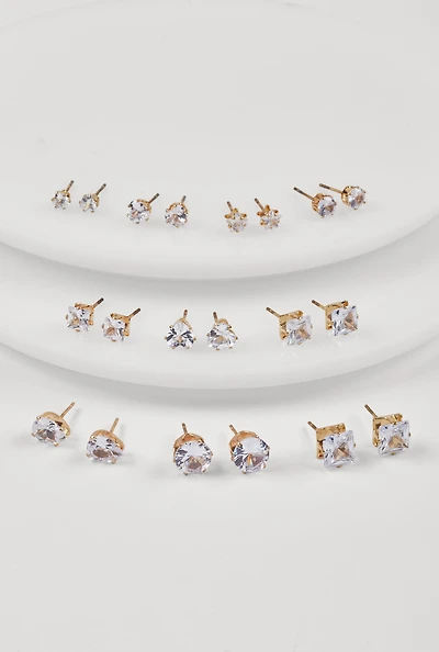 Metallic Cubic Zirconia Stud Earrings Set of 10